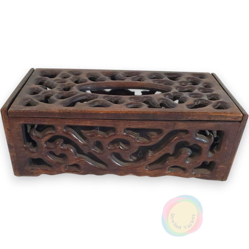 Vintage Hand Carved Wood Tissue Box Cover 11.75" Tiki Boho Pier 1 Style Jali